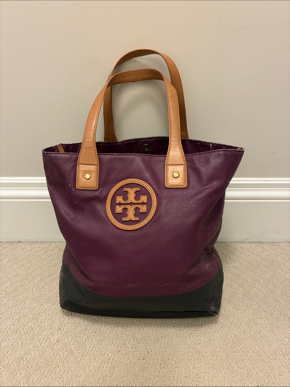 Tory Burch Jaden Colorblock Tote Purple Leather Black Base Dipped Canvas👝